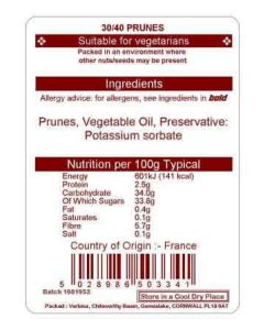 PRUNES 30/40  SORBATED WITH STONES 12.5KG