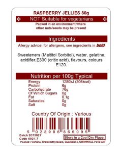 RASPBERRY JELLIES SUGAR FREE 80G