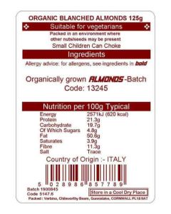 ALMONDS BLANCHED ORGANIC 125GM