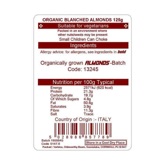 ALMONDS BLANCHED ORGANIC 125GM