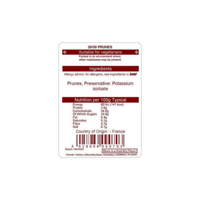 PRUNES 20/30 SORBATED 12.5KG